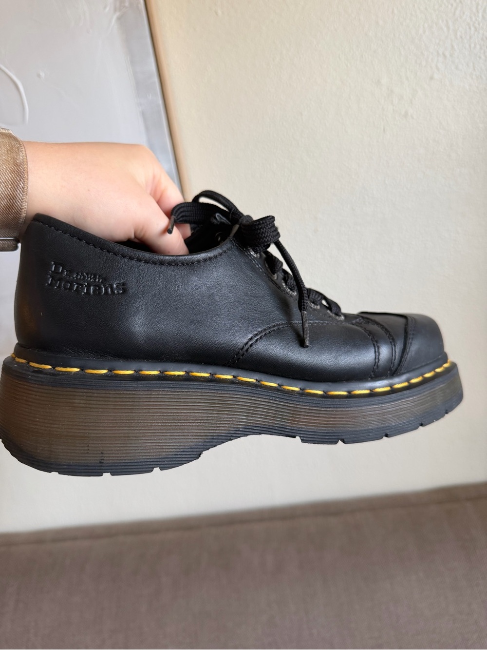 Dr. Martens Black Leather Platform Oxford with Yellow Stitching